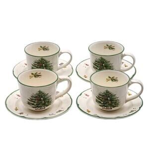Yuletide The Cellar Macys Christmas Tree Cup and Saucer 4 Sets Japan 1992
